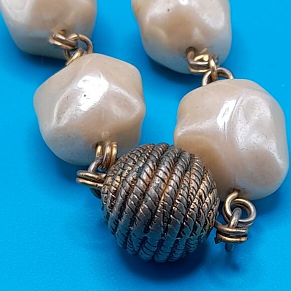 Vintage Wire Wrapped Beaded Necklace, Beige Pearled Gold Rope Beads, 36" - Picture 3 of 12